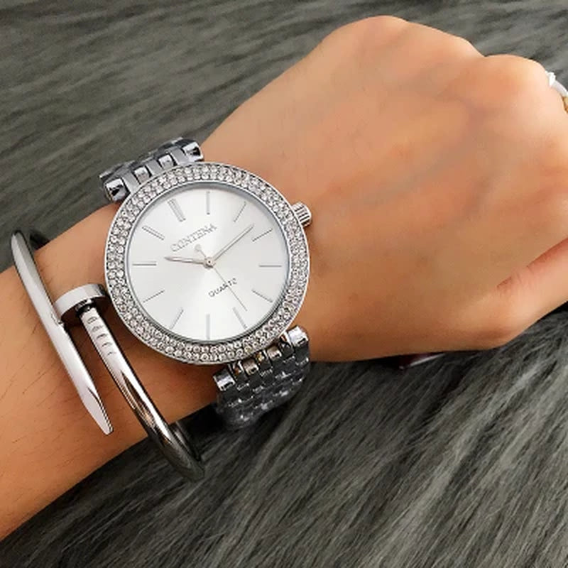 CONTENA Luxury Women's Silver Watch with Rhinestones - Stainless Steel Timepiece