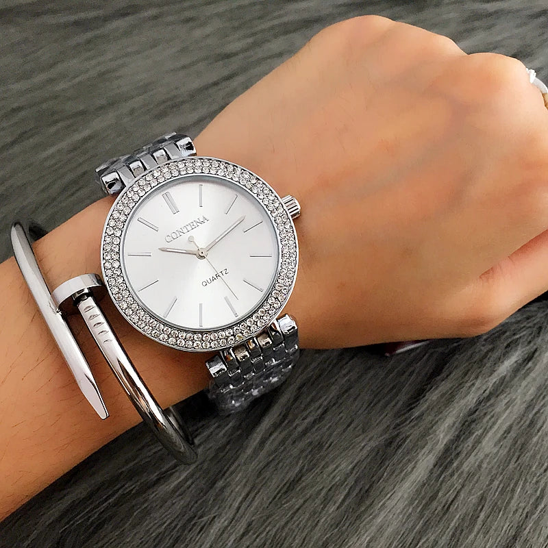 CONTENA Luxury Women's Silver Watch with Rhinestones - Stainless Steel Timepiece