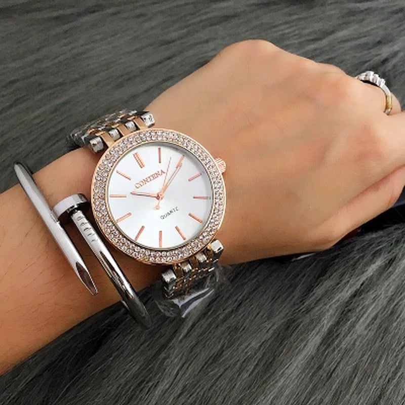 CONTENA Luxury Women's Silver Watch with Rhinestones - Stainless Steel Timepiece