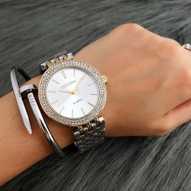 CONTENA Luxury Women's Silver Watch with Rhinestones - Stainless Steel Timepiece
