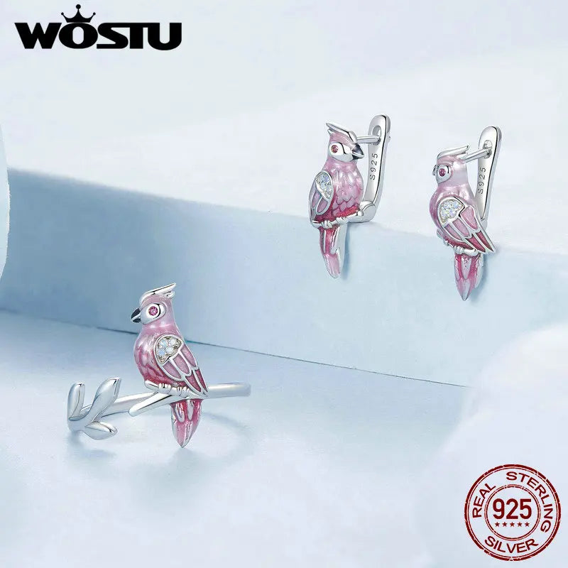 WOSTU 925 Sterling Silver Pink Parrot Open Ring Hoop Earrings