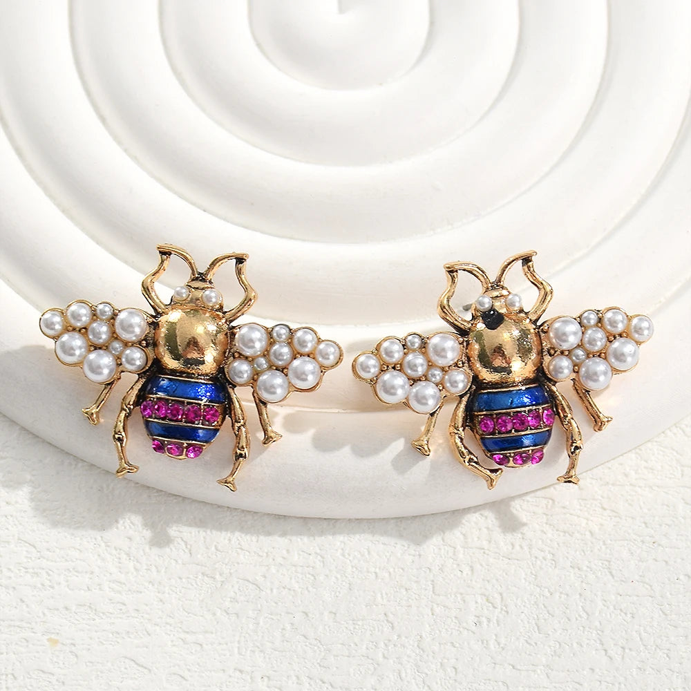 Vintage Metal Imitation Pearl Bee Stud Earrings