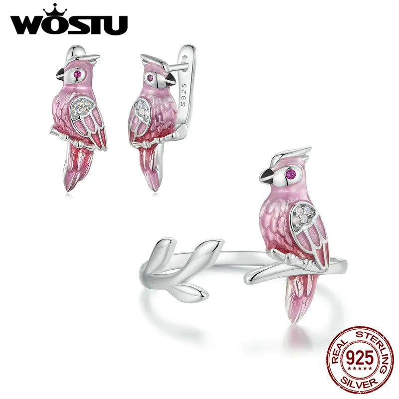 WOSTU 925 Sterling Silver Pink Parrot Open Ring Hoop Earrings