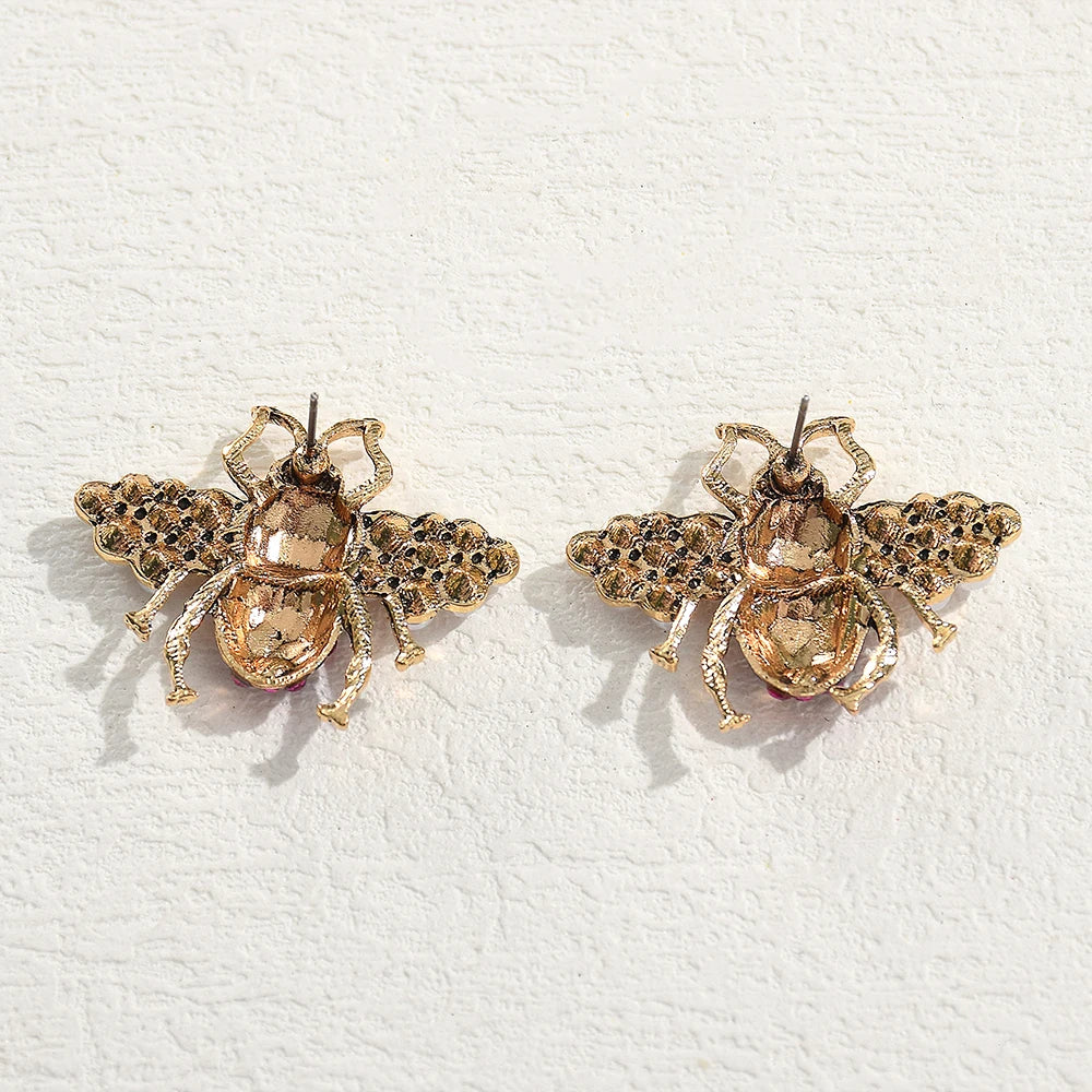Vintage Metal Imitation Pearl Bee Stud Earrings