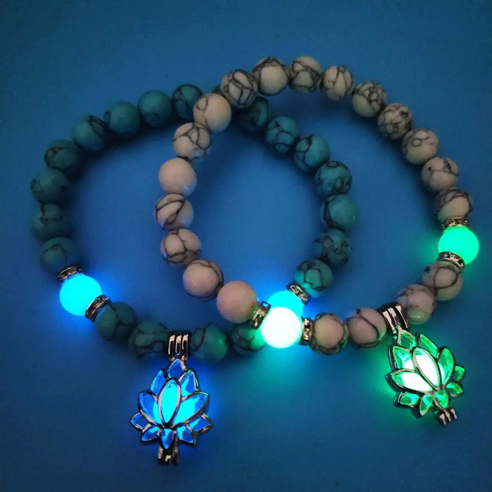 Dark Moon Lotus Flower Shaped Charm Bracelet  Natural Turquoise
