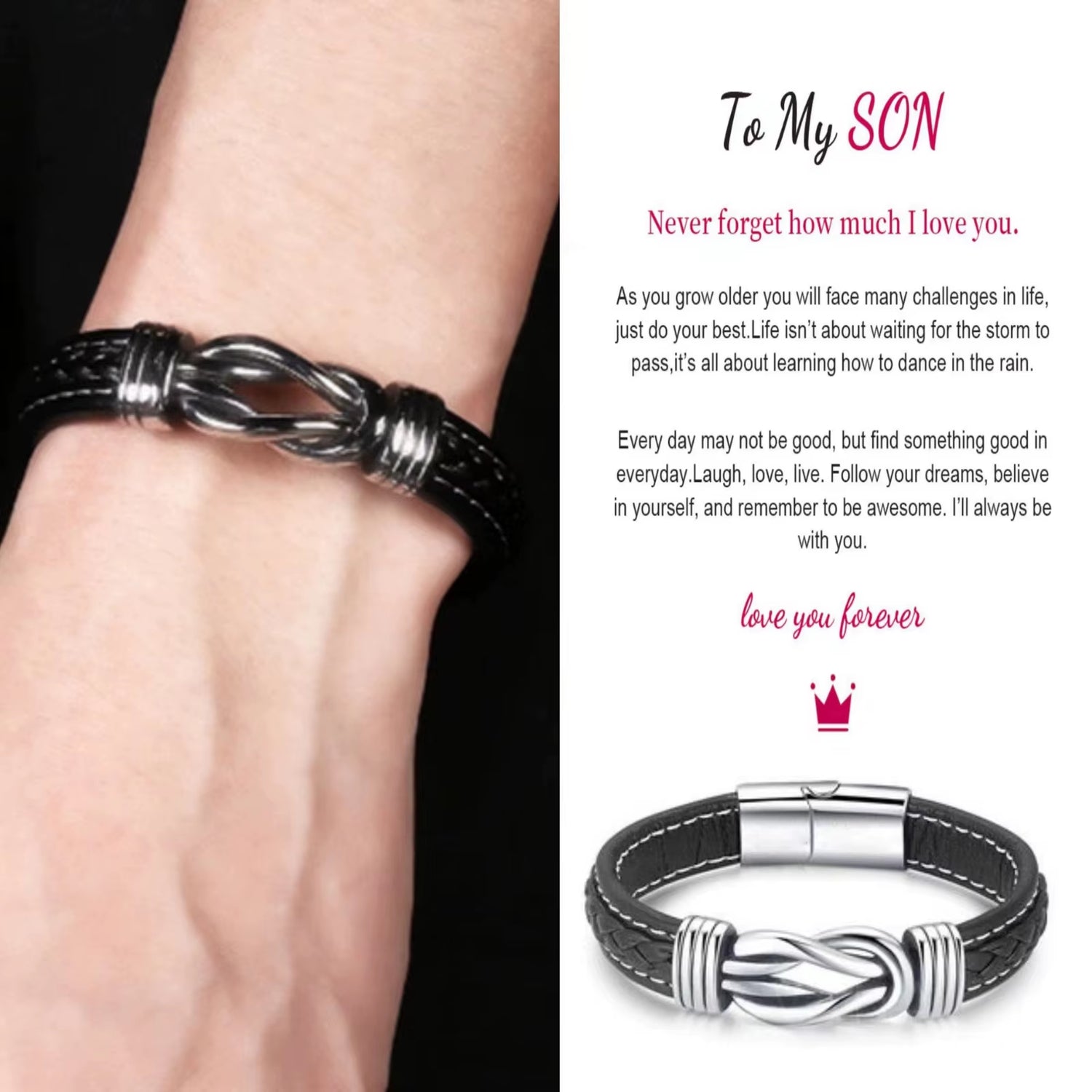 Braided Leather Knot Bracelet with Stainless Steel Magnetic Clasp - "To My Son, To My Grandson" Forever Love Jewelry Gift