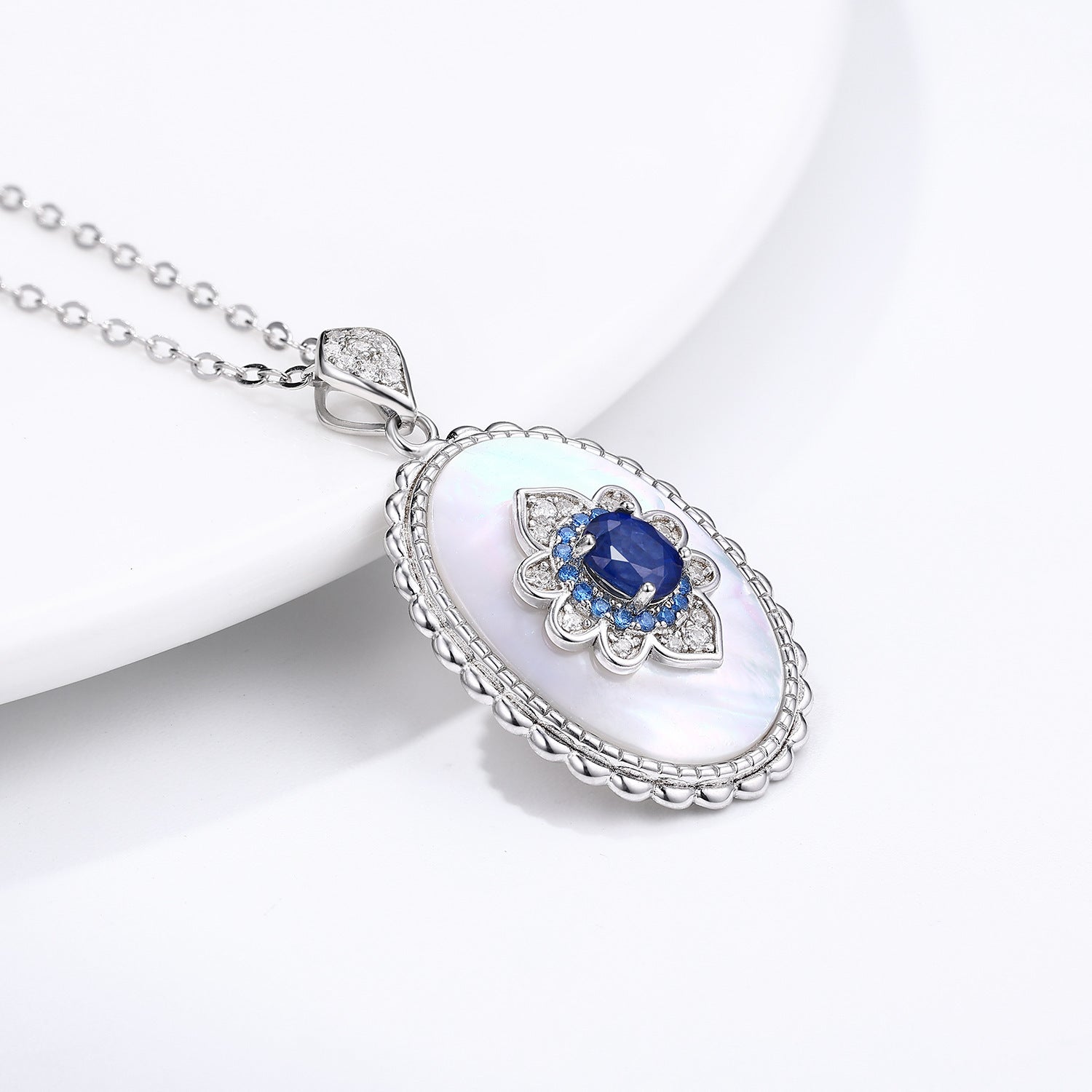 Sapphire Diamond Pendant 925 Sterling Silver  Necklace