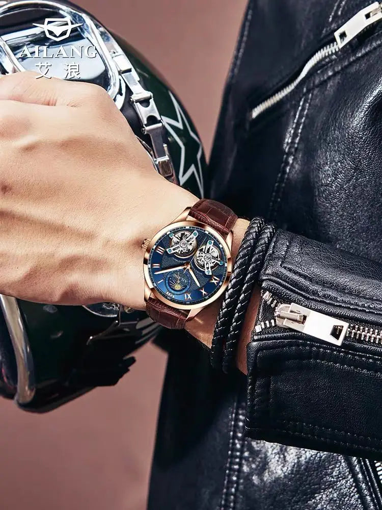 Montre homme AILANG en cuir et acier inoxydable à double volant
