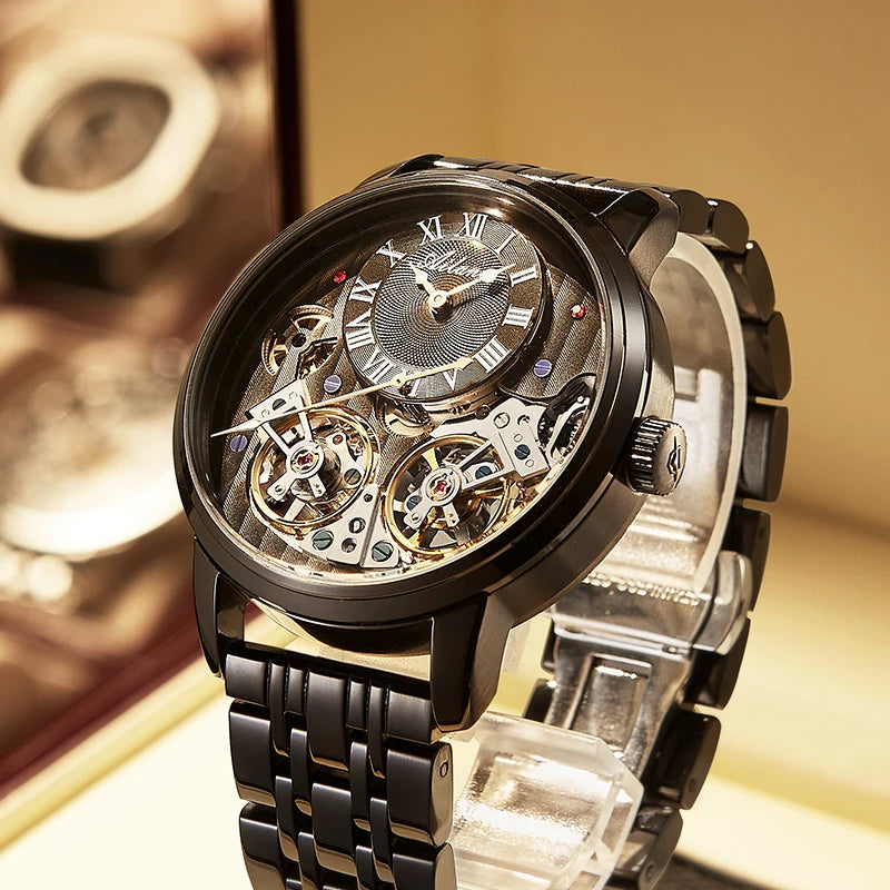 AILANG Top Marque Montre De Luxe Hommes Automatique Lumineux Noir Horloge Hommes Double Tourbillon Étanche Montre Mécanique Relogio