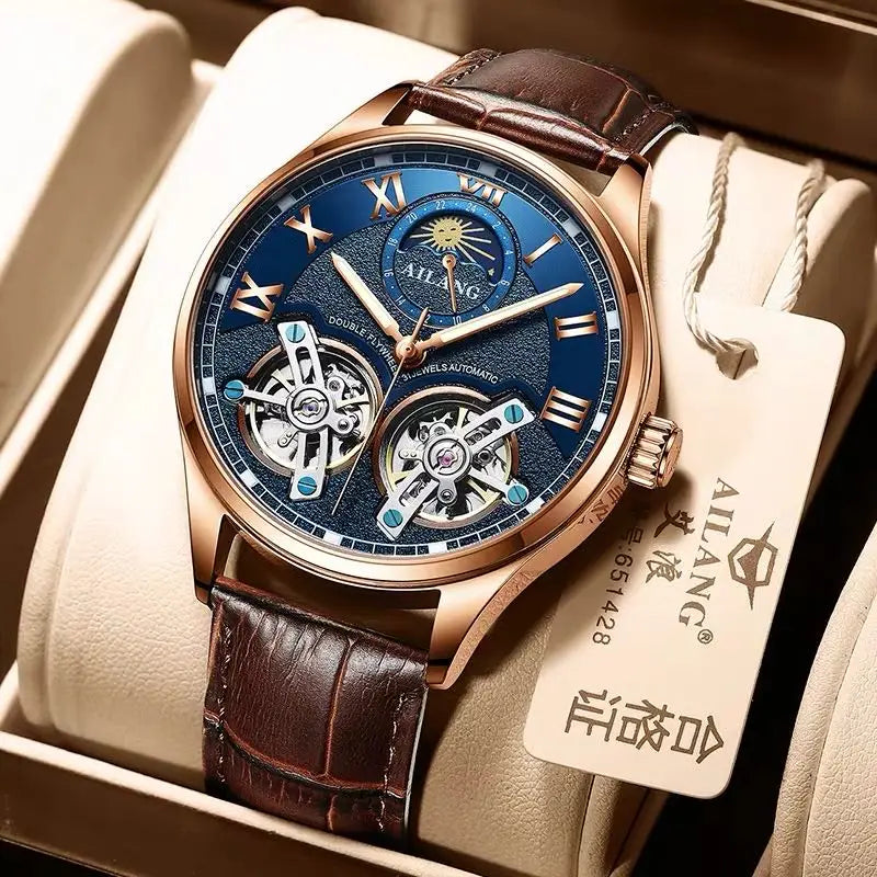 Montre homme AILANG en cuir et acier inoxydable à double volant