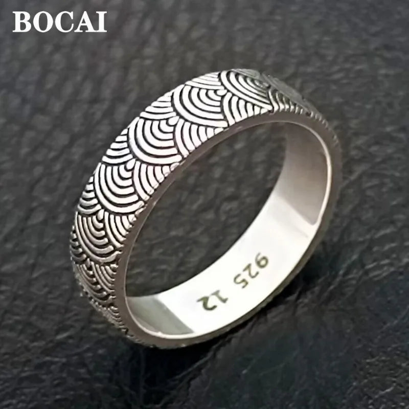 BOCAI New 100% S925 Silver Seigaiha Wave Pattern Ring
