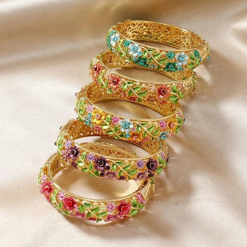 Colored Enamel Flower Bangles Alloy Openwork Engraving Vintage Floral Bracelets Red Purple Rose Bracelets For Women Jewelry Gift