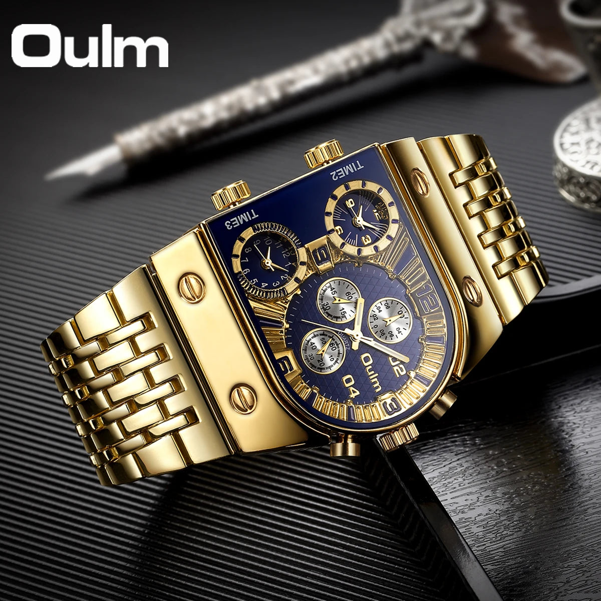 Oulm Unique Men Watch Square Gold Quartz