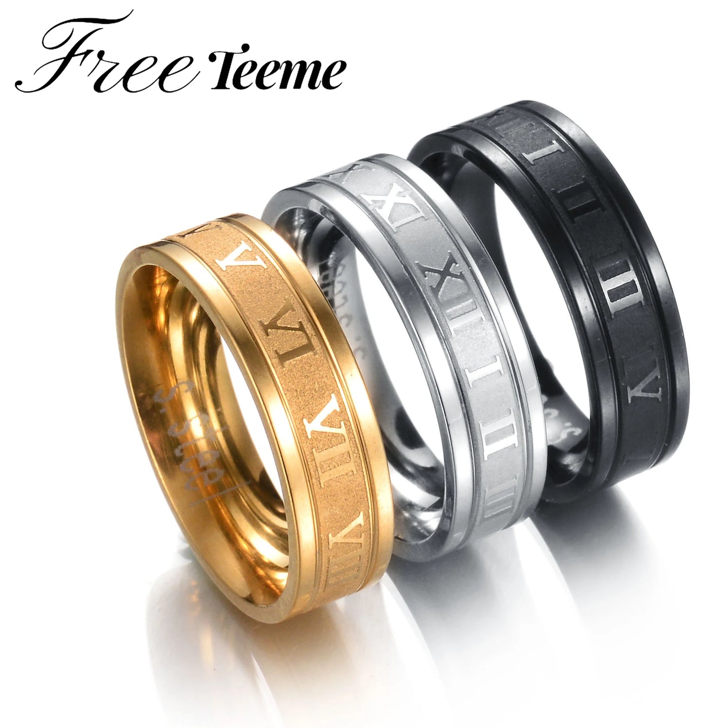 Freeteeme Vintage Roman Numbers 6mm Width Ring Wedding Fashion Stainless Steel Couple Rings for Woman Men Jewelry Birthday Gifts