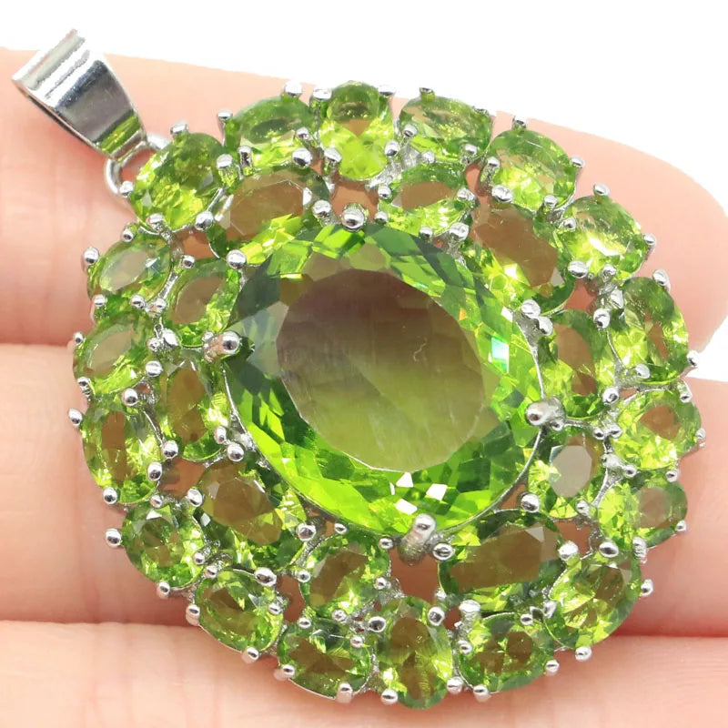 European Design  Gemstone Pink Kunzite Green Peridot Women Dating Silver Pendant