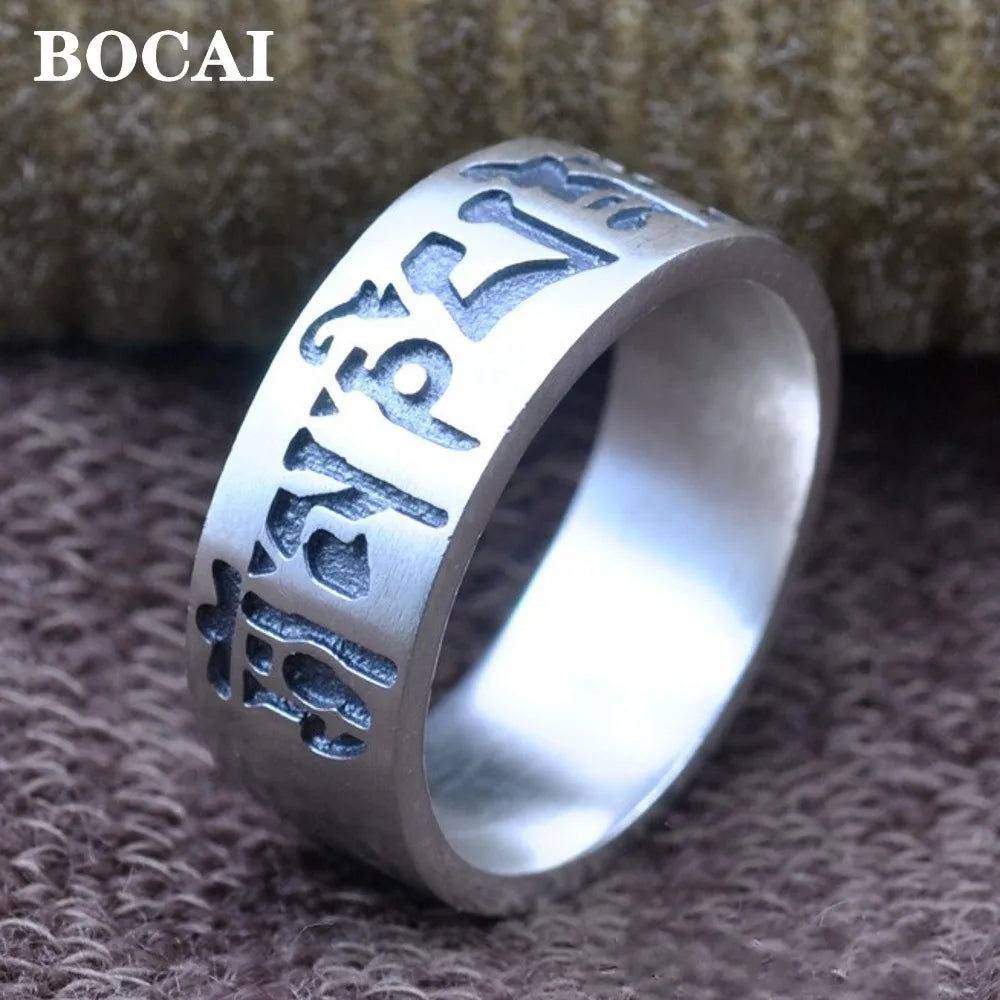 BOCAI S925 Sterling Silver Six-Character Mantra Ring