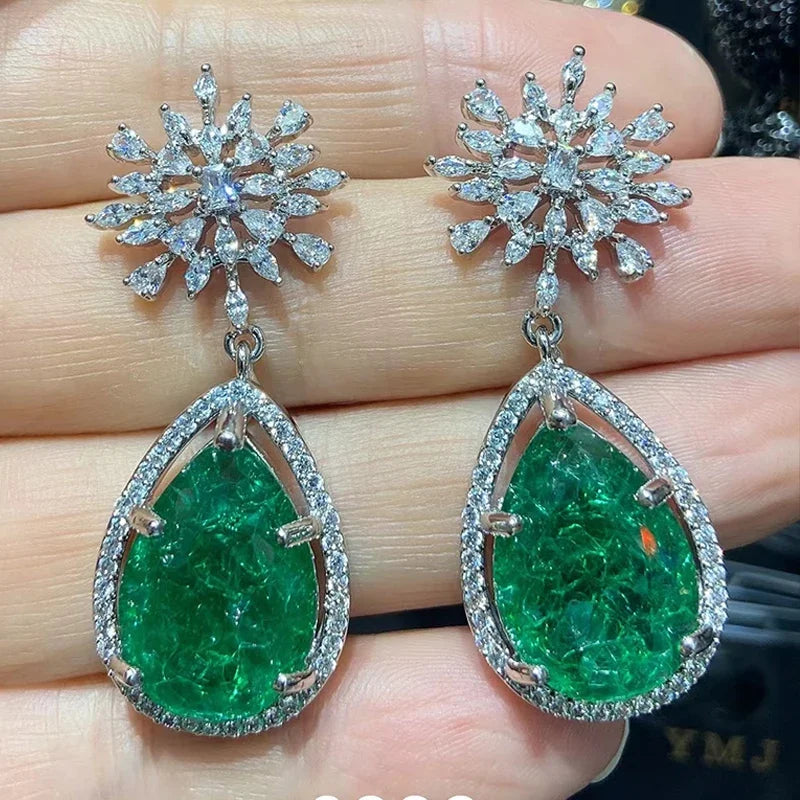 Floral Zircon Shiny Green  Waterdrop design Dangle Earrings