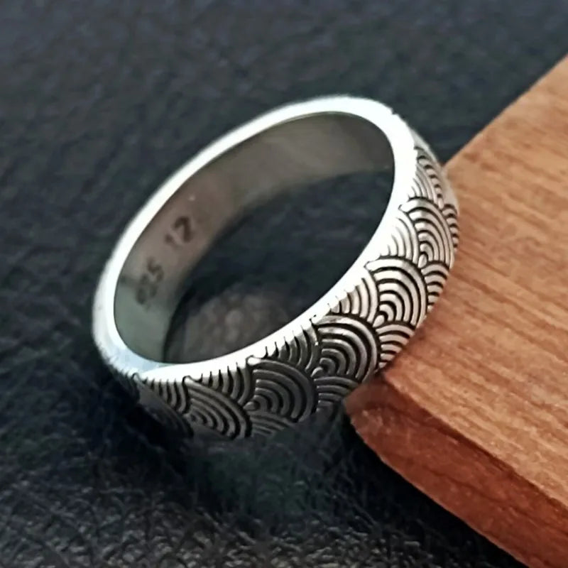 BOCAI New 100% S925 Silver Seigaiha Wave Pattern Ring