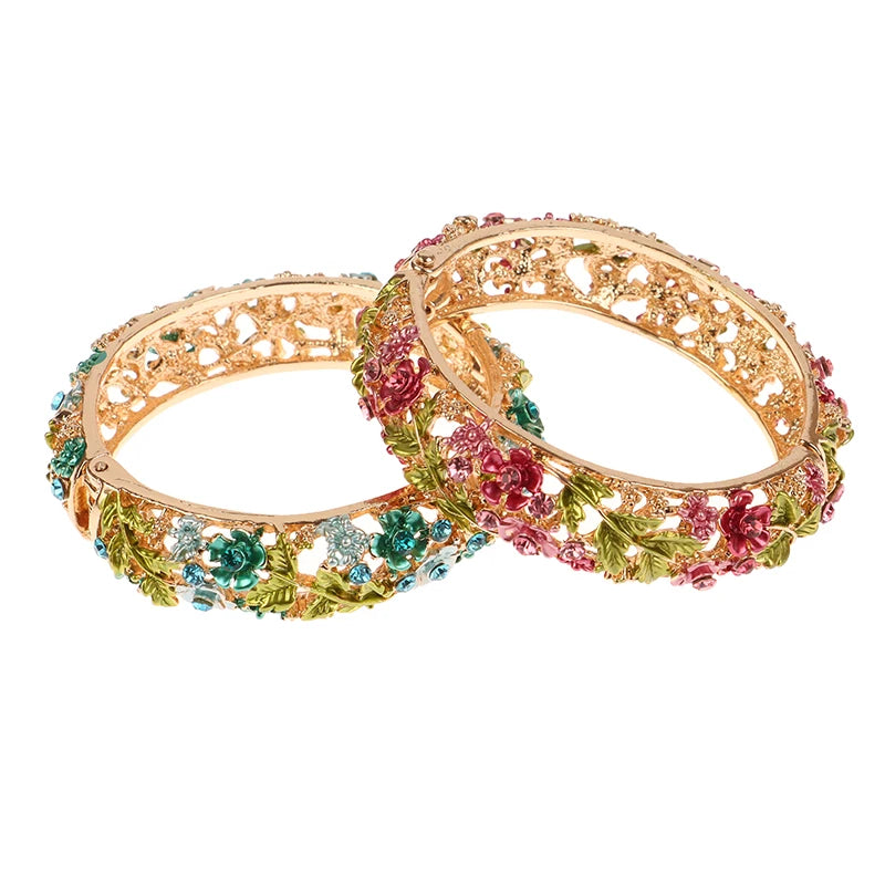 Colored Enamel Flower Bangles Alloy Openwork Engraving Vintage Floral Bracelets Red Purple Rose Bracelets For Women Jewelry Gift