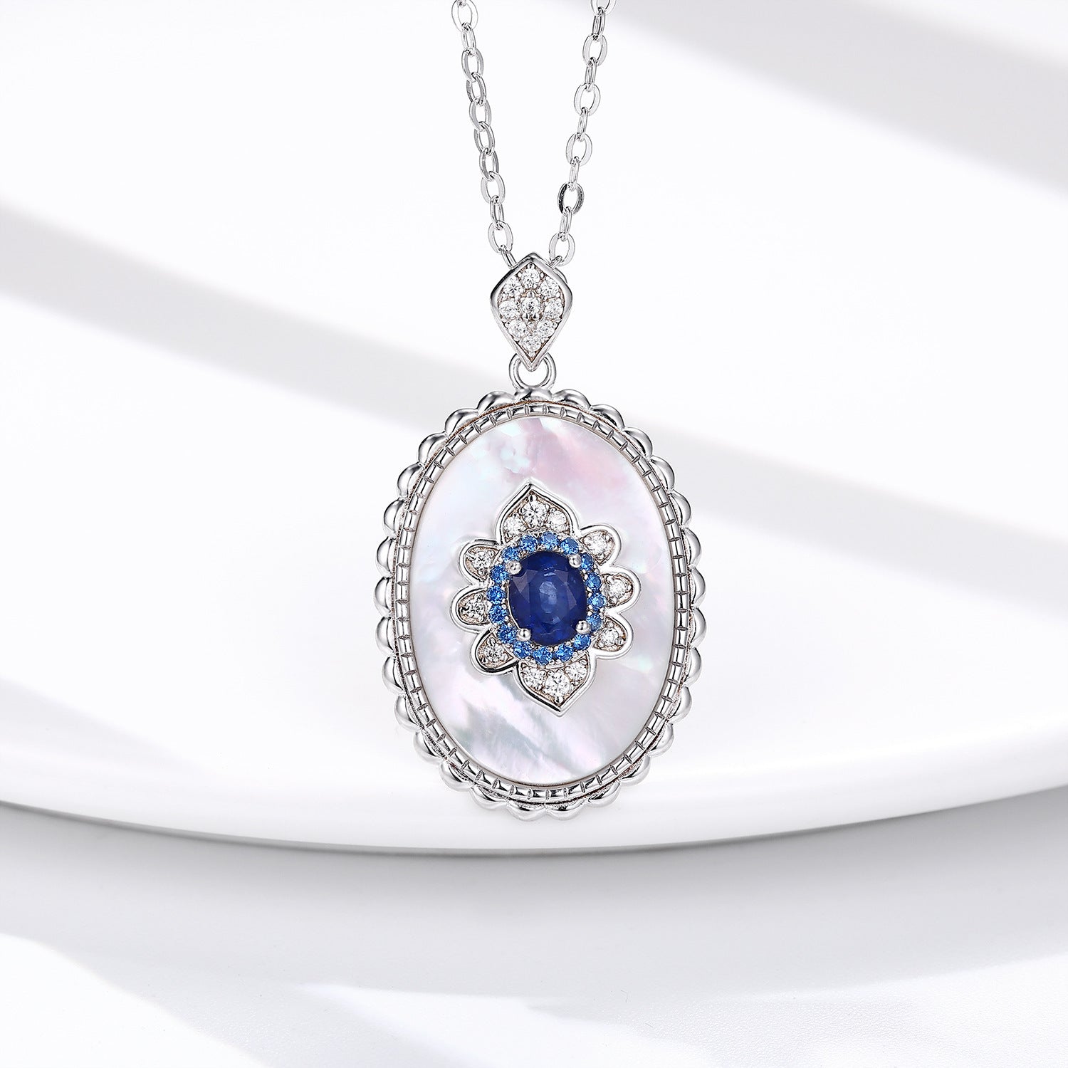 Sapphire Diamond Pendant 925 Sterling Silver  Necklace